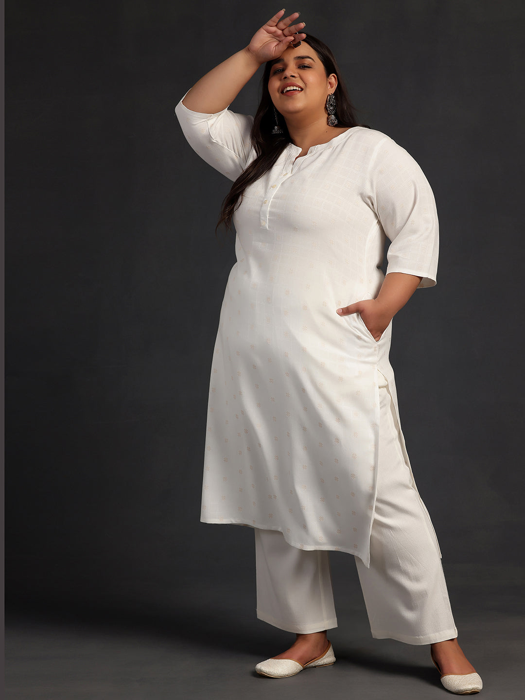 Plus Size Cream Woven Design Rayon Straight Kurta