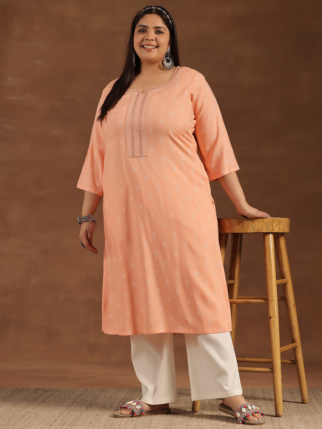 Plus Size Peach Embroidered Cotton Straight Kurta