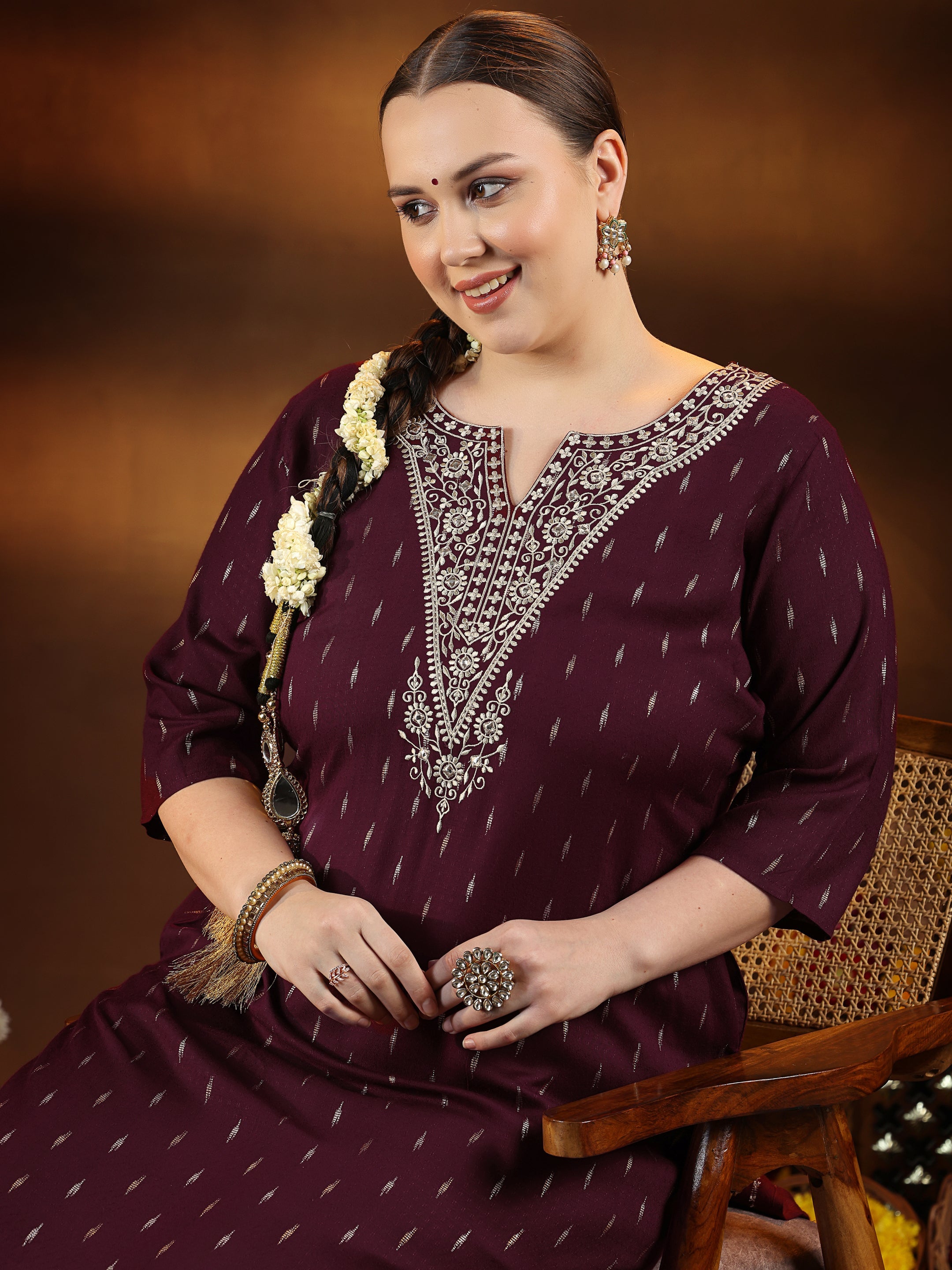 Plus Size Maroon Woven Design Cotton Straight Kurta