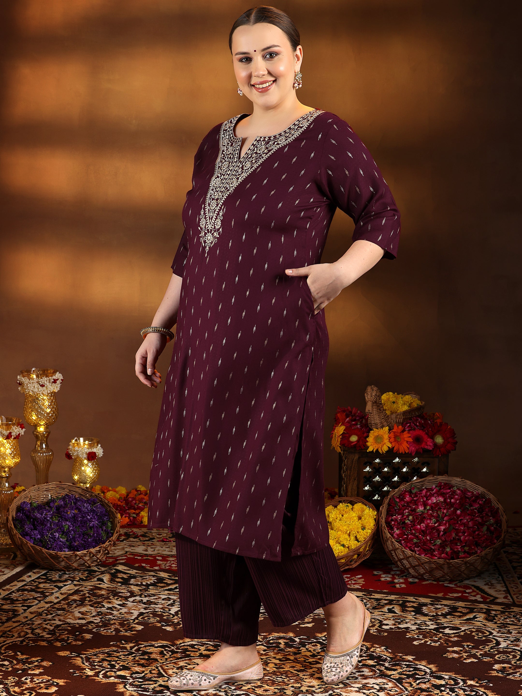 Plus Size Maroon Woven Design Cotton Straight Kurta