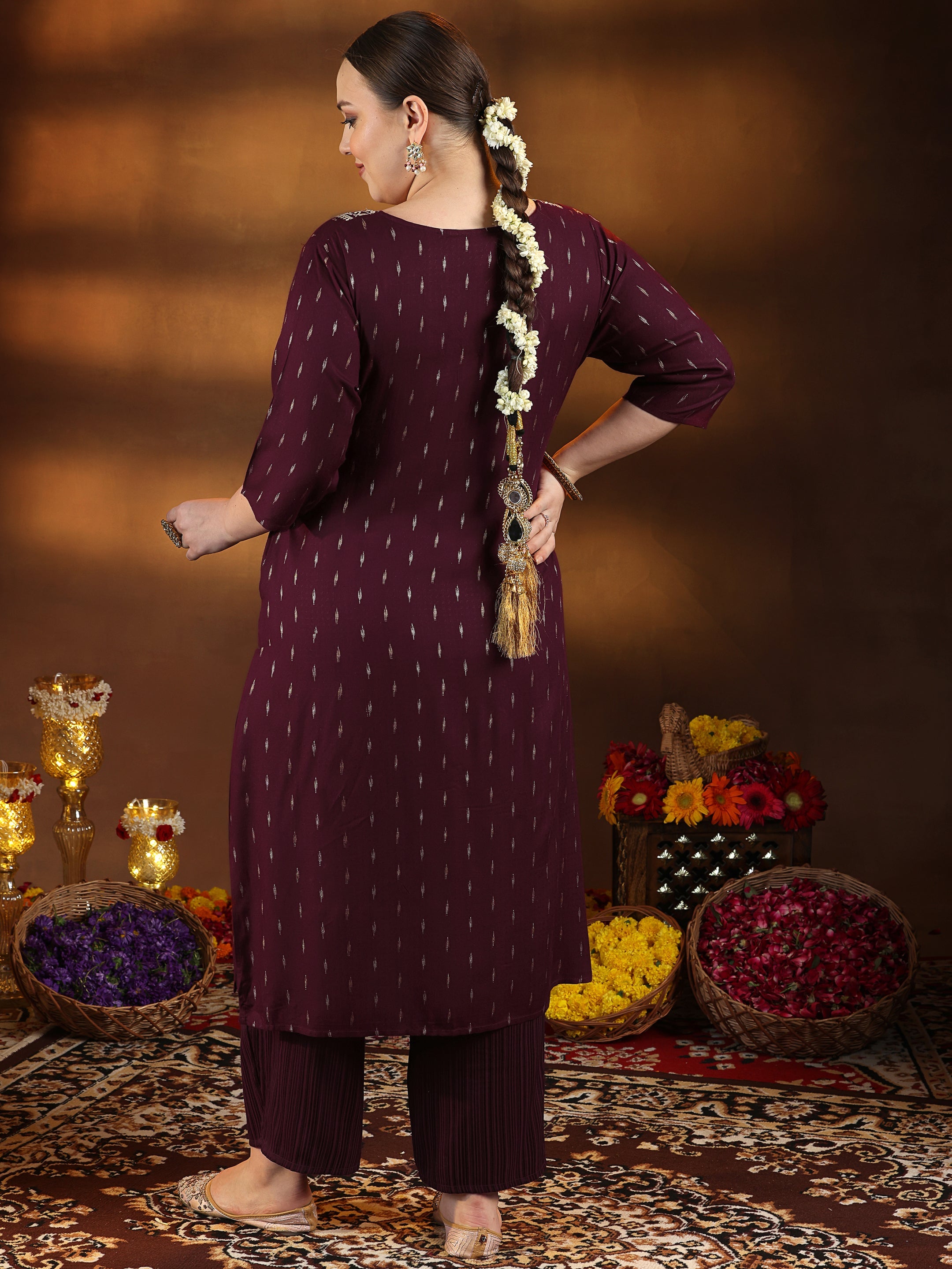 Plus Size Maroon Woven Design Cotton Straight Kurta