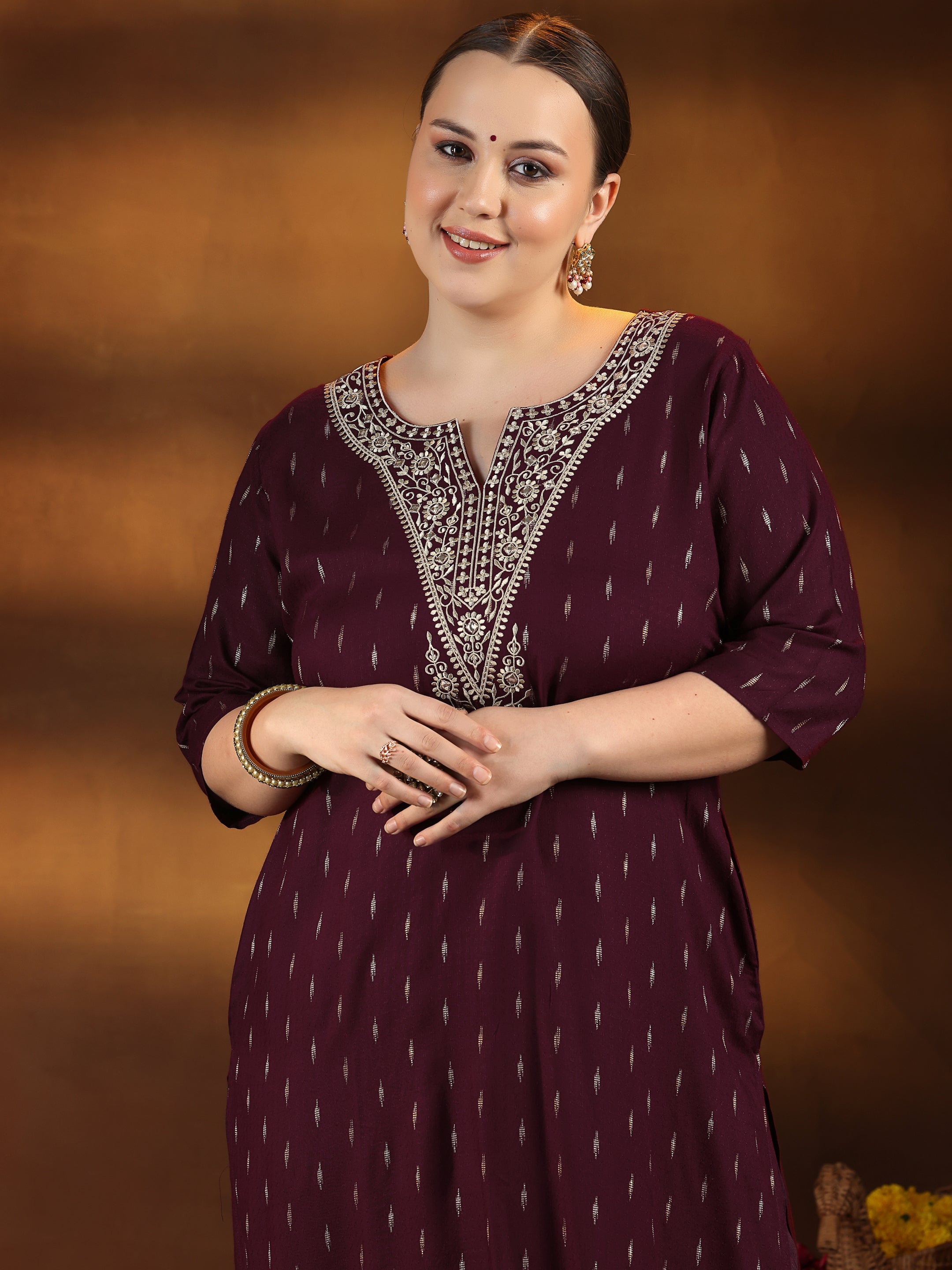 Plus Size Maroon Woven Design Cotton Straight Kurta