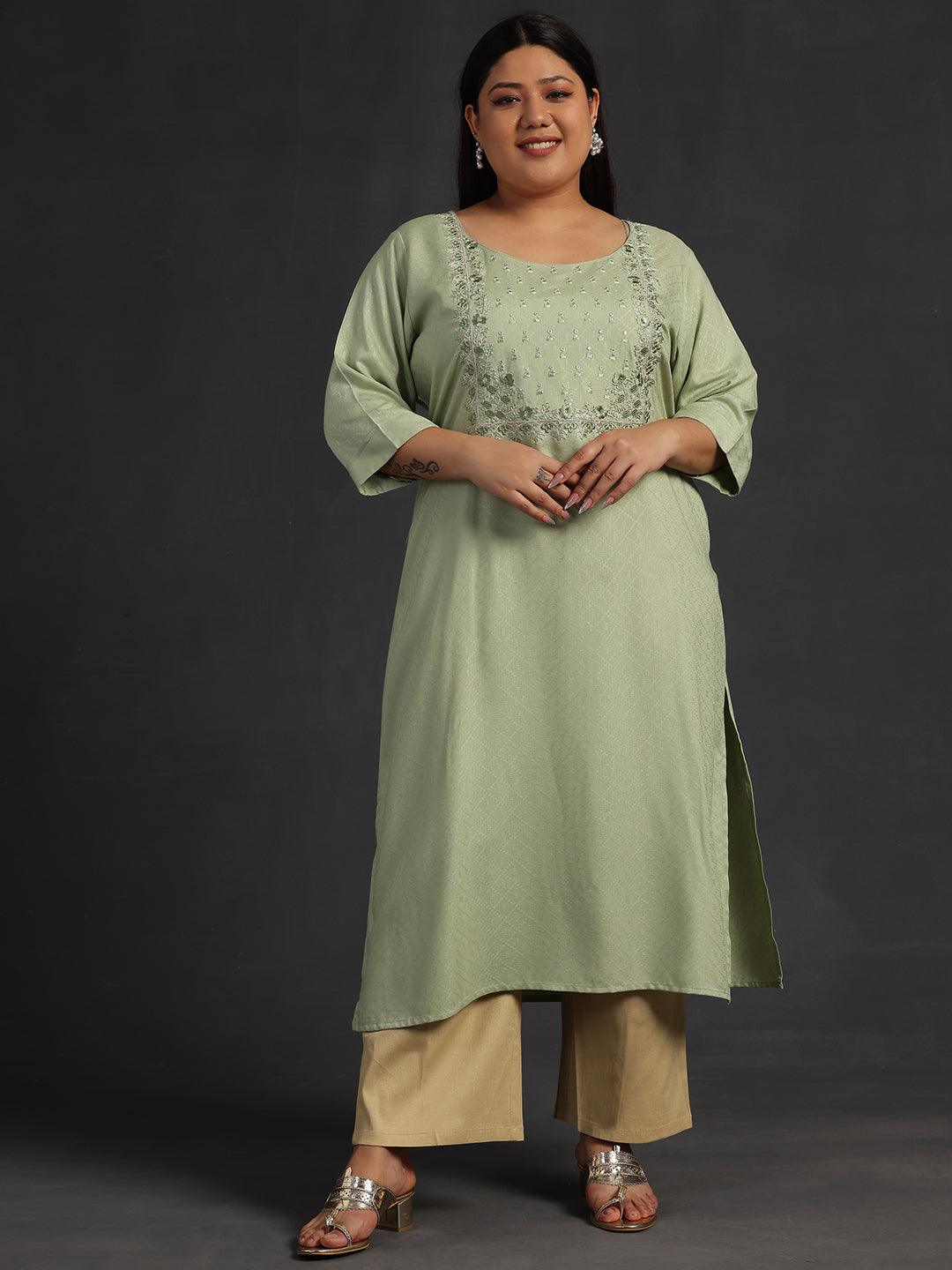 Plus Size Green Yoke Design Rayon Straight Kurta