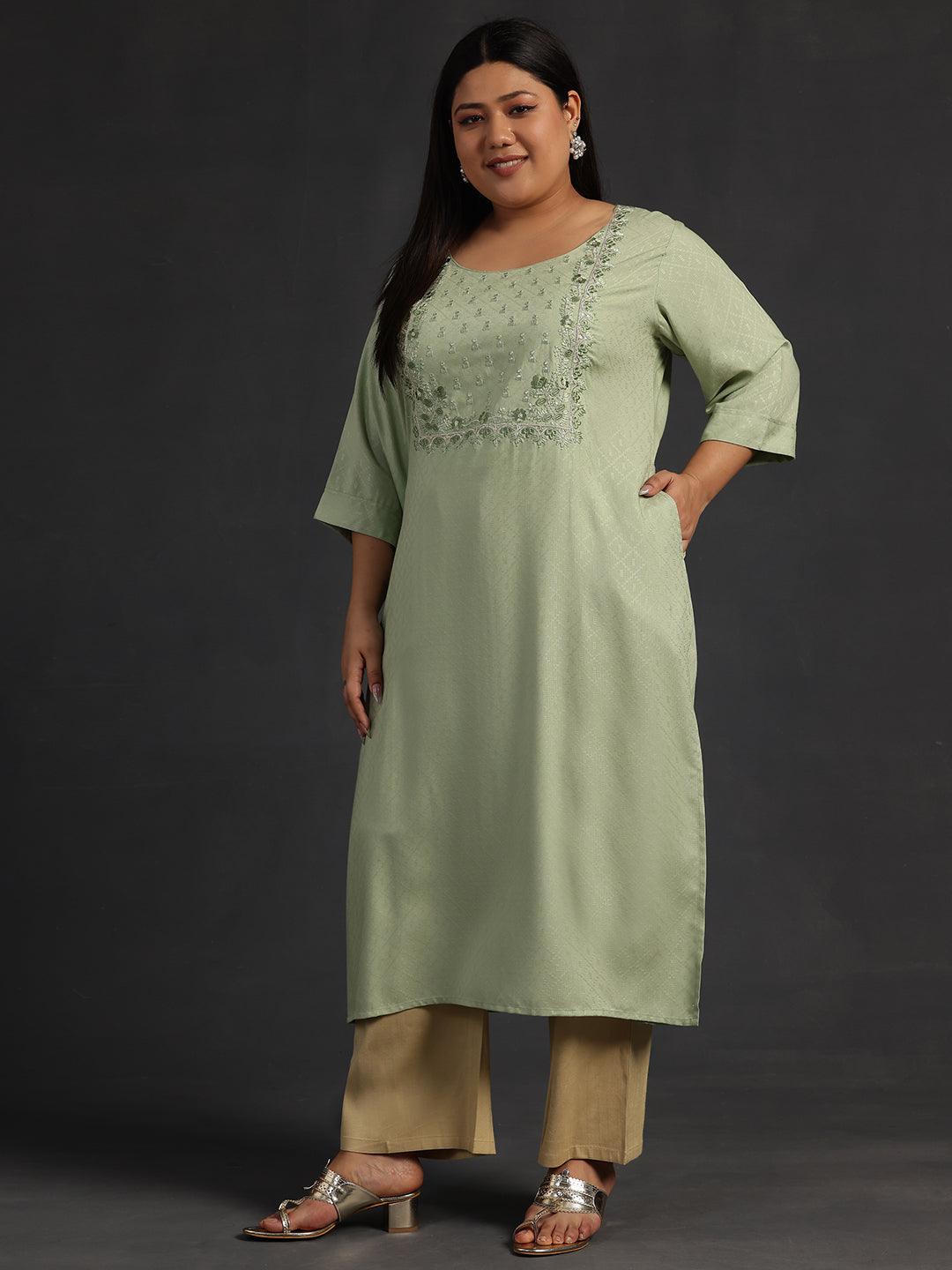 Plus Size Green Yoke Design Rayon Straight Kurta