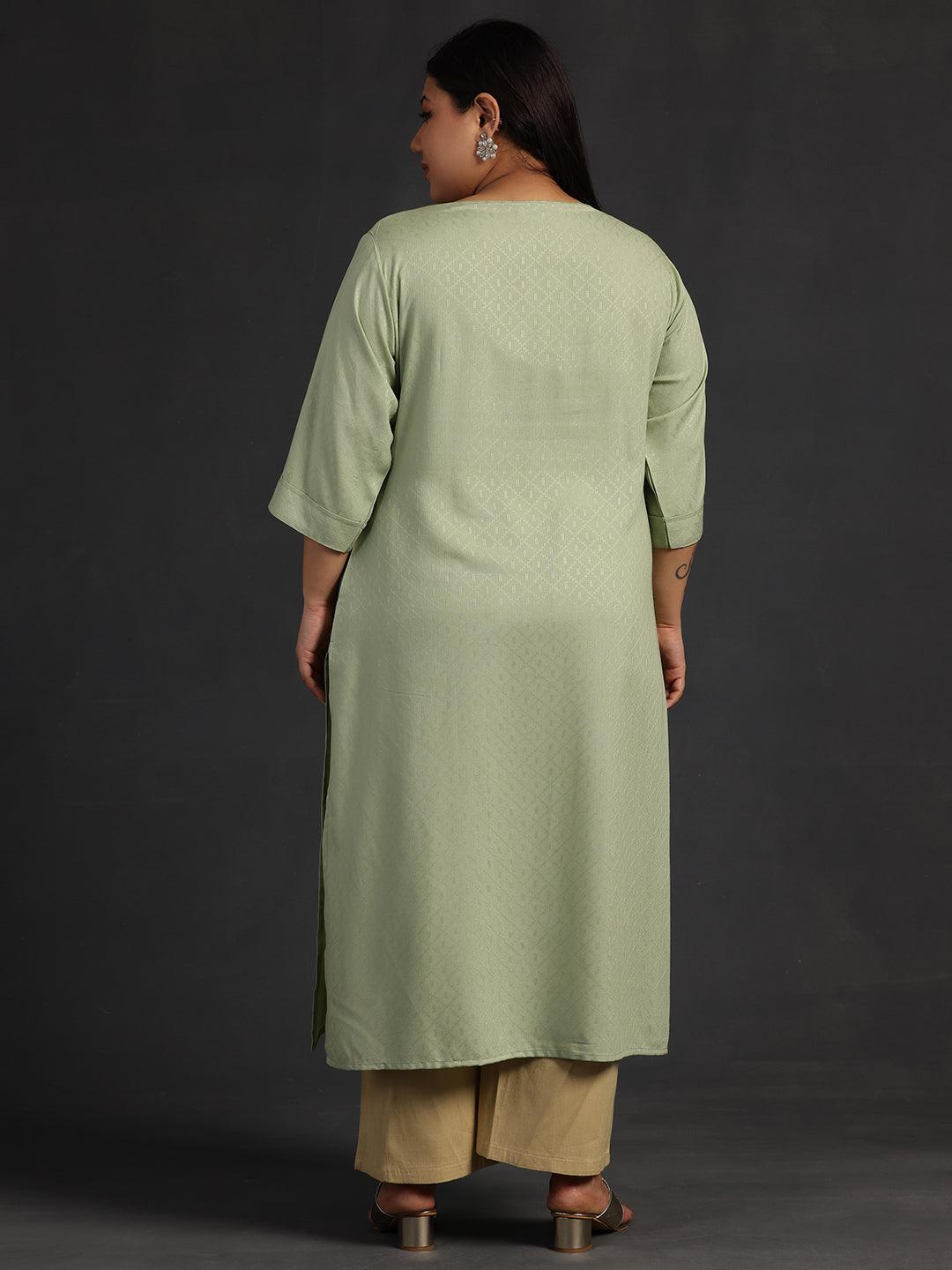 Plus Size Green Yoke Design Rayon Straight Kurta