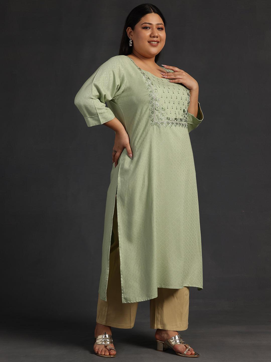 Plus Size Green Yoke Design Rayon Straight Kurta