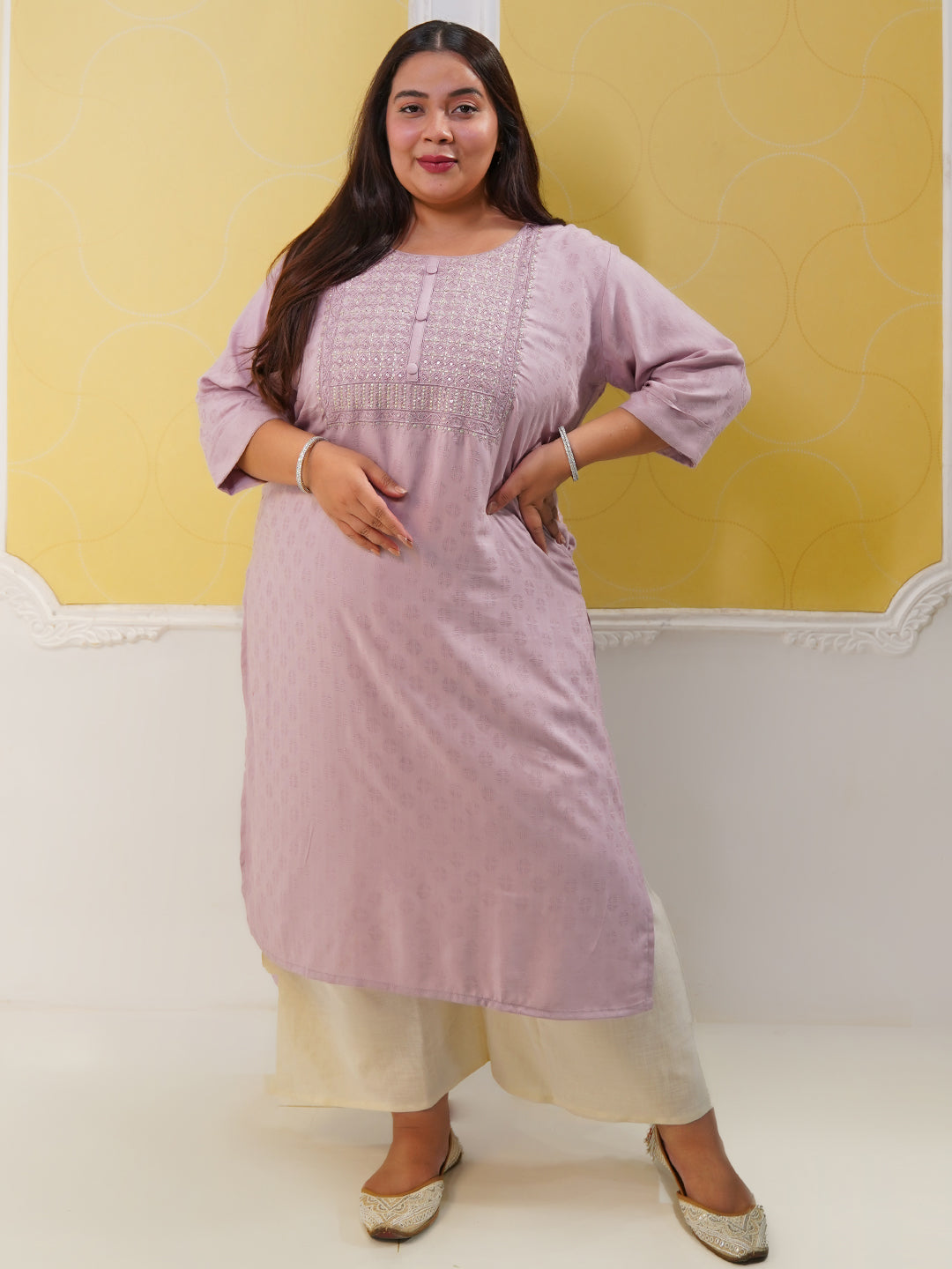 Plus Size Pink Yoke Design Rayon Straight Kurta