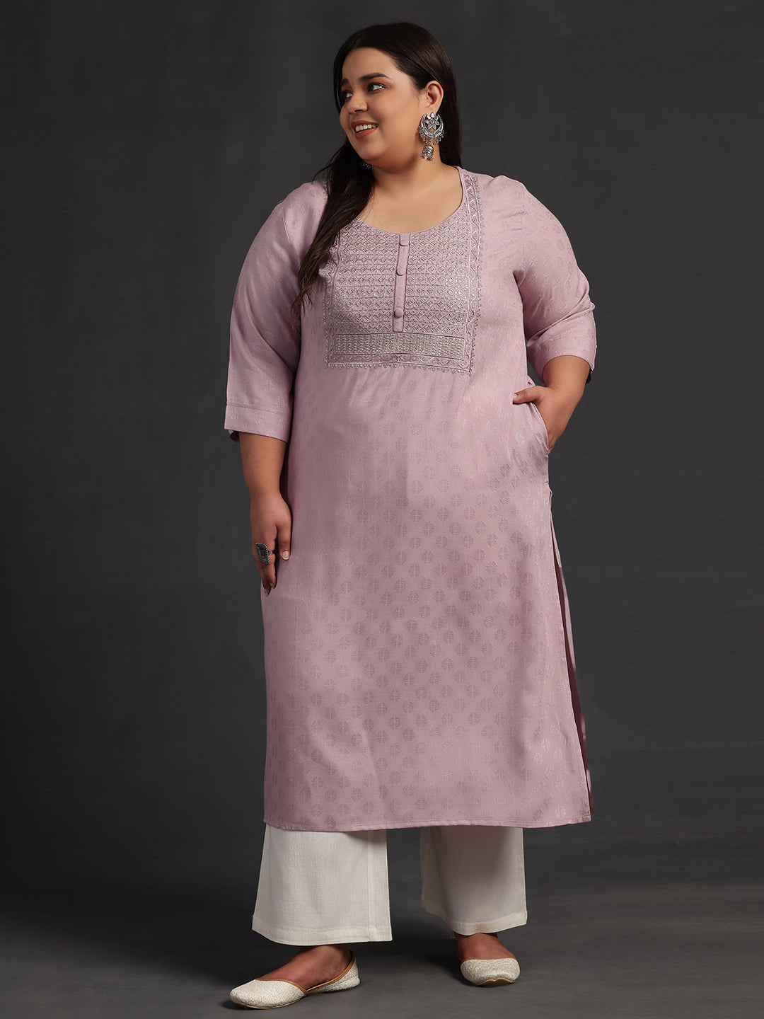 Plus Size Pink Yoke Design Rayon Straight Kurta