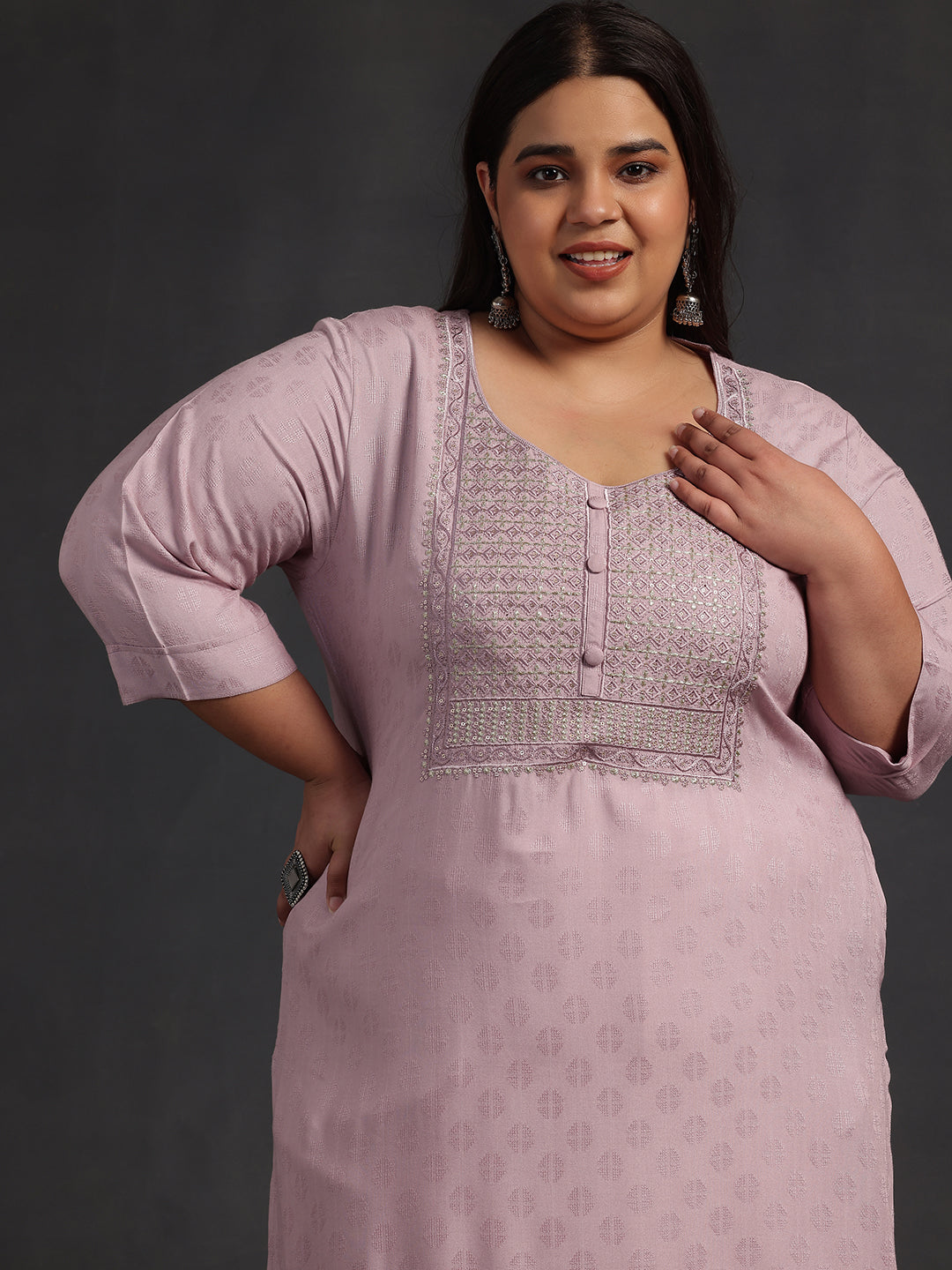 Plus Size Pink Yoke Design Rayon Straight Kurta