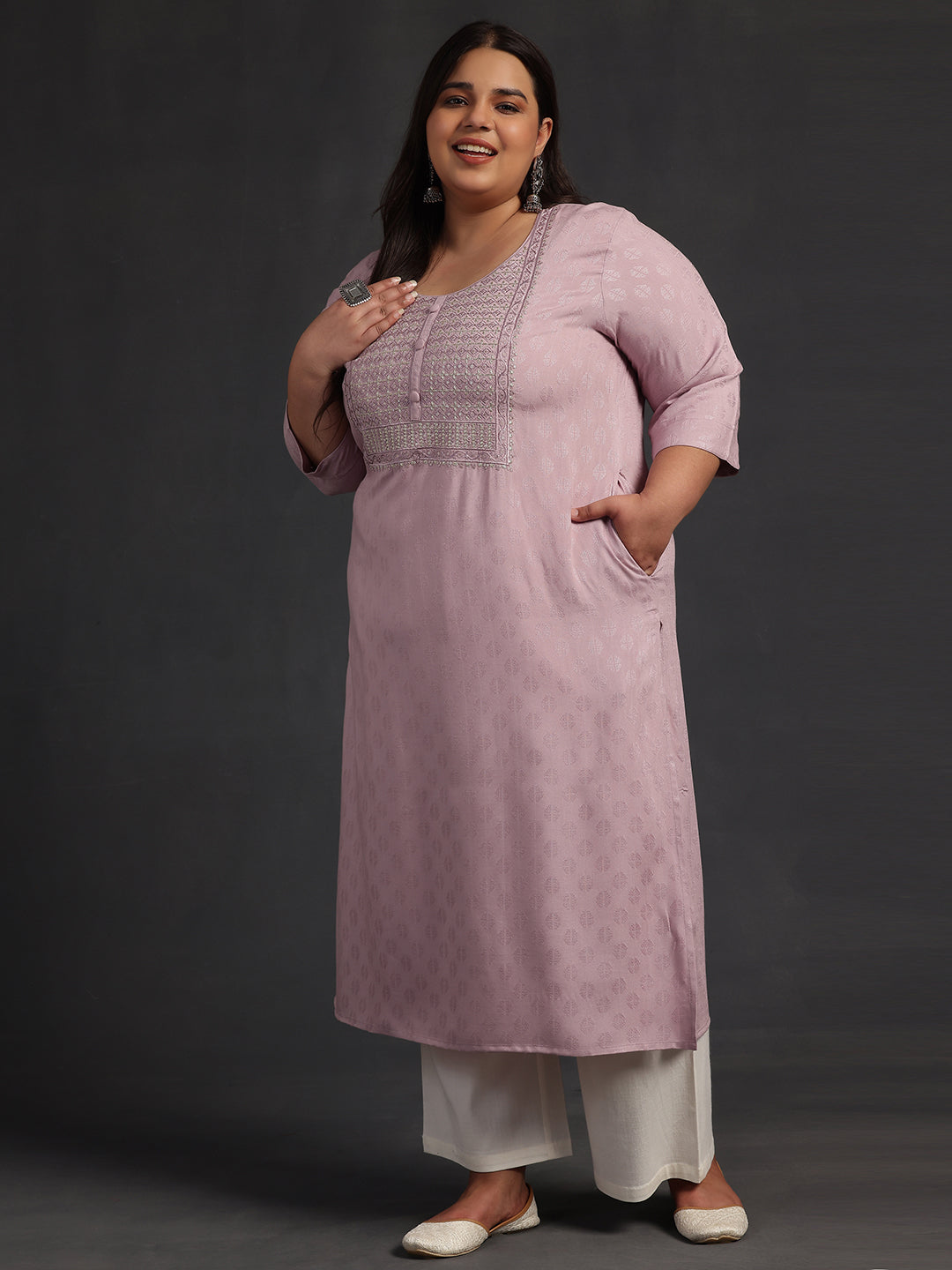 Plus Size Pink Yoke Design Rayon Straight Kurta