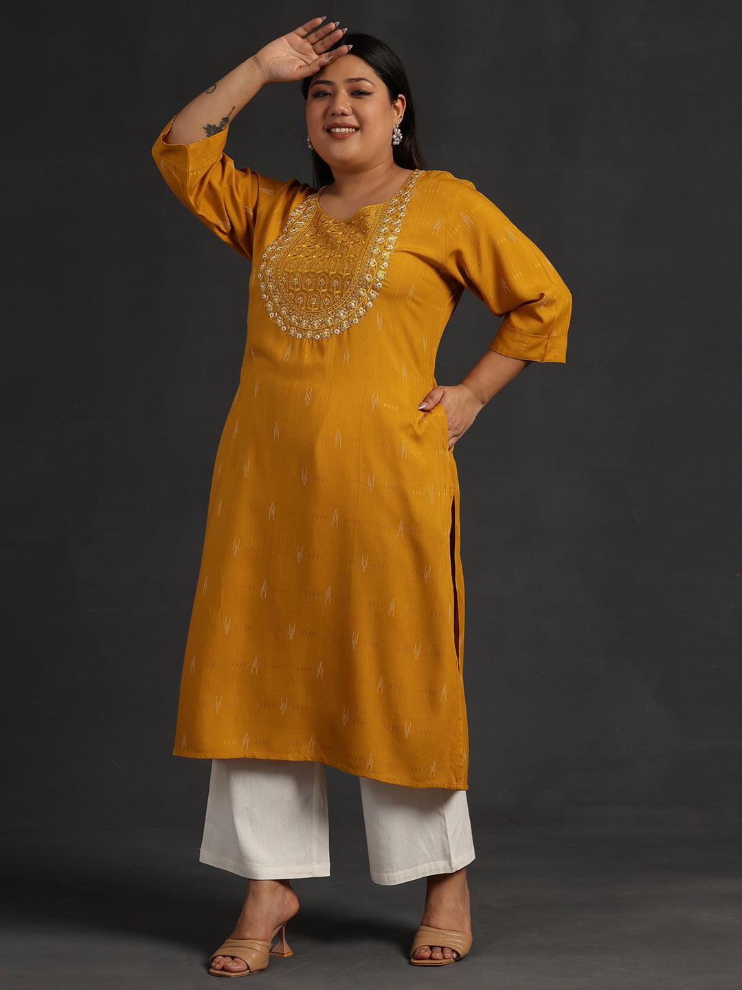 Plus Size Mustard Yoke Design Rayon Straight Kurta