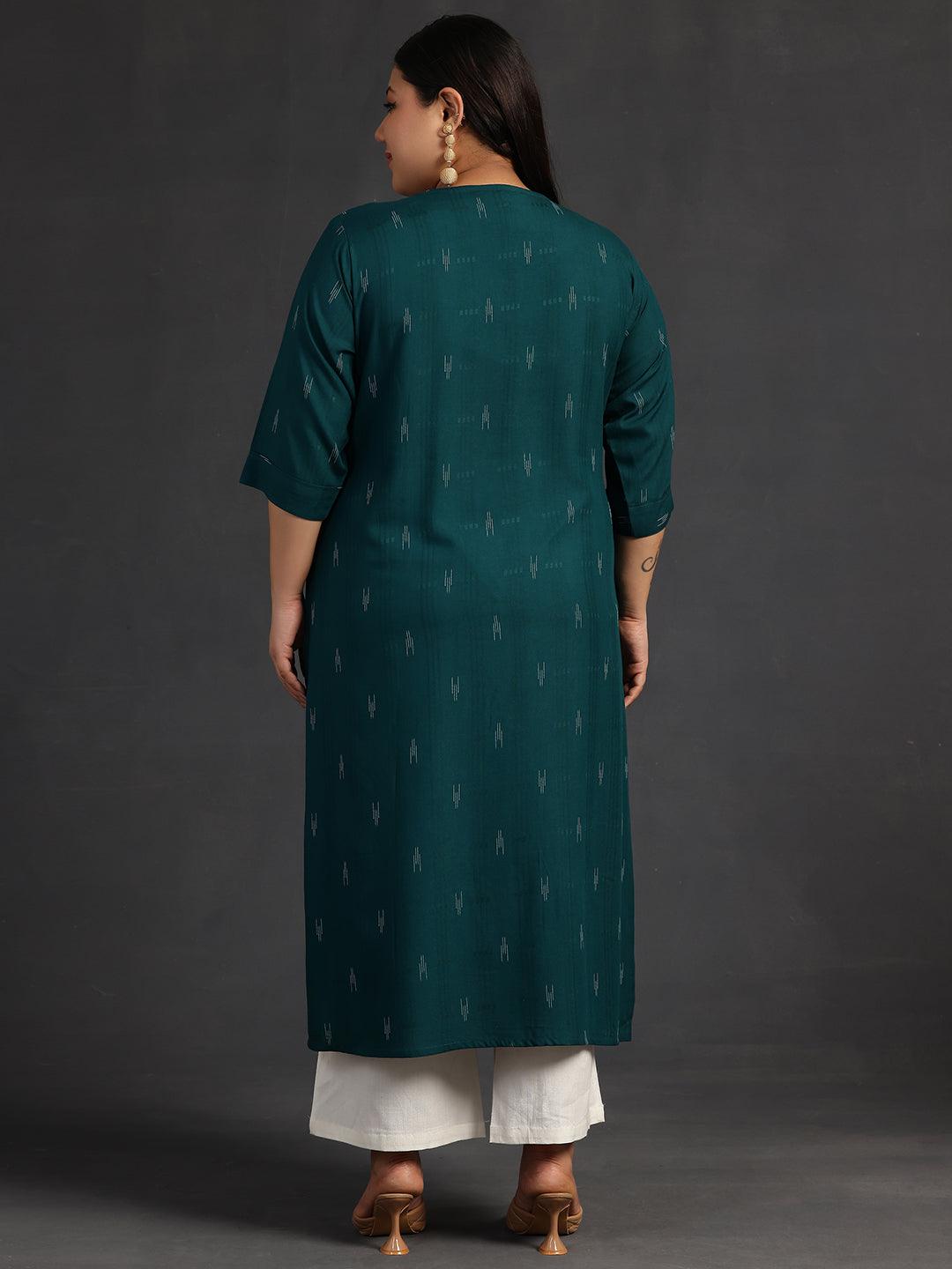 Plus Size Green Yoke Design Rayon Straight Kurta