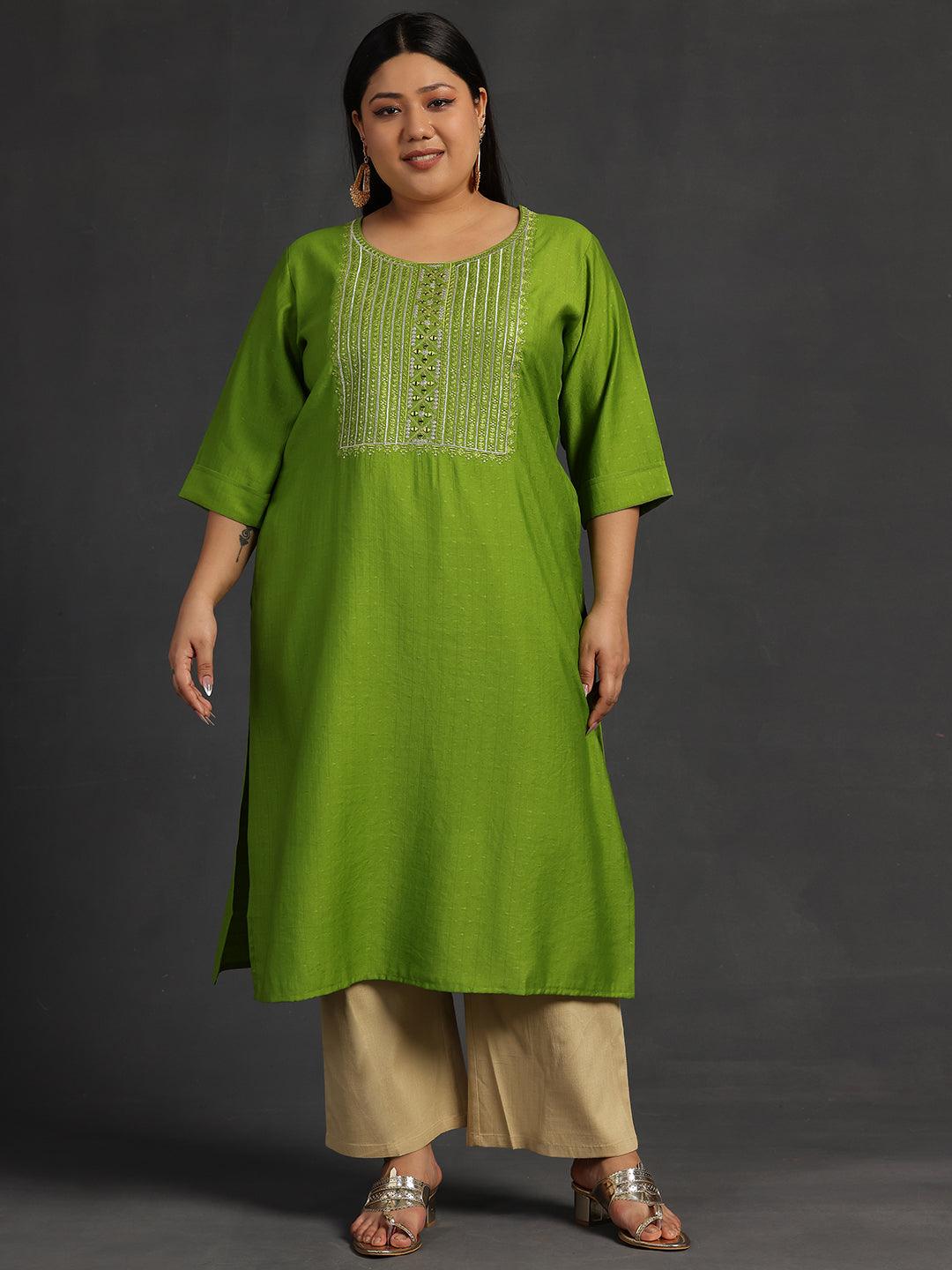 Plus Size Green Yoke Design Silk Straight Kurta