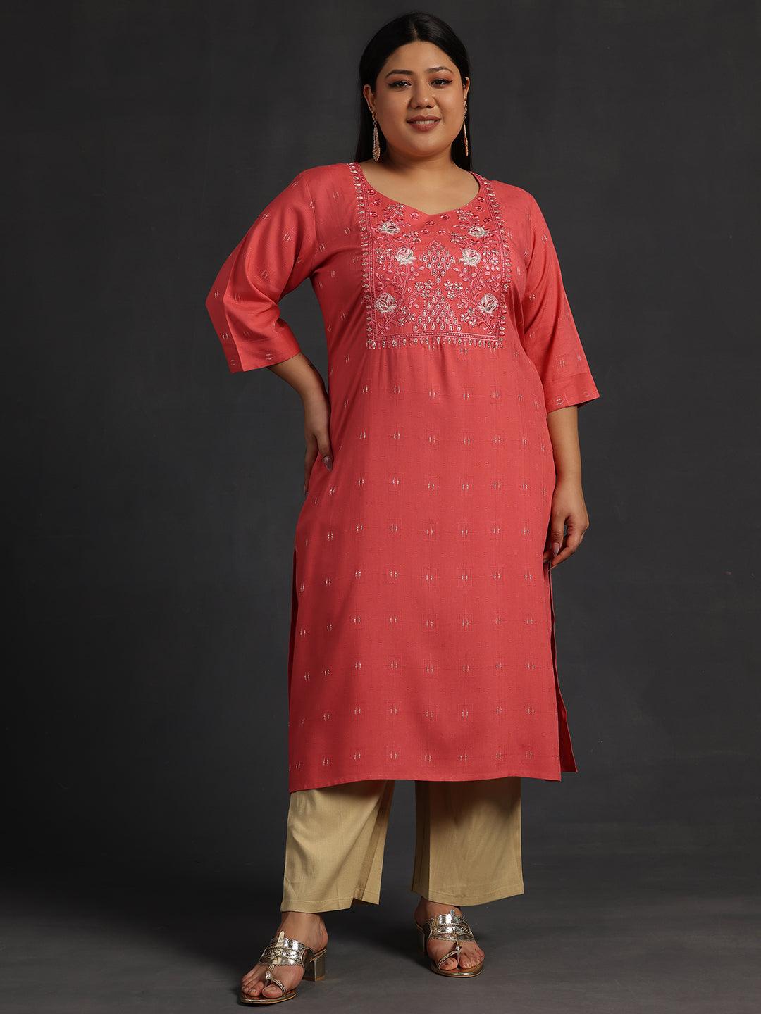 Plus Size Coral Yoke Design Silk Straight Kurta