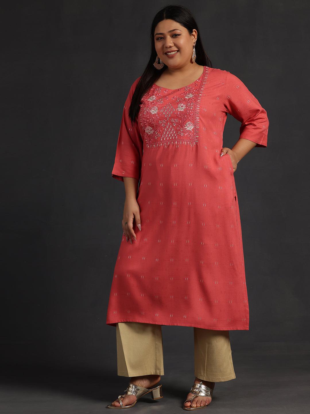 Plus Size Coral Yoke Design Silk Straight Kurta