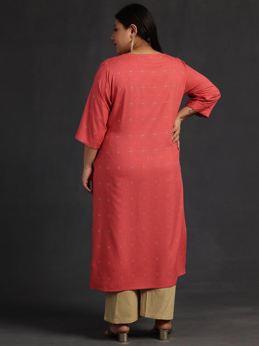 Plus Size Coral Yoke Design Silk Straight Kurta