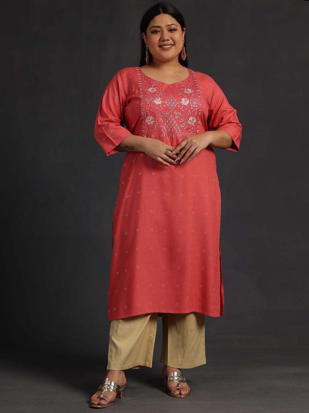 Plus Size Coral Yoke Design Silk Straight Kurta