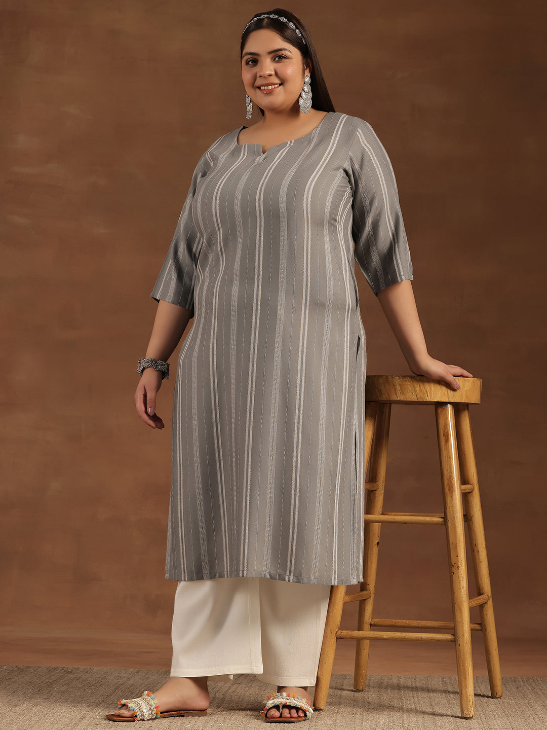 Plus Size Grey Woven Design Rayon Straight Kurta