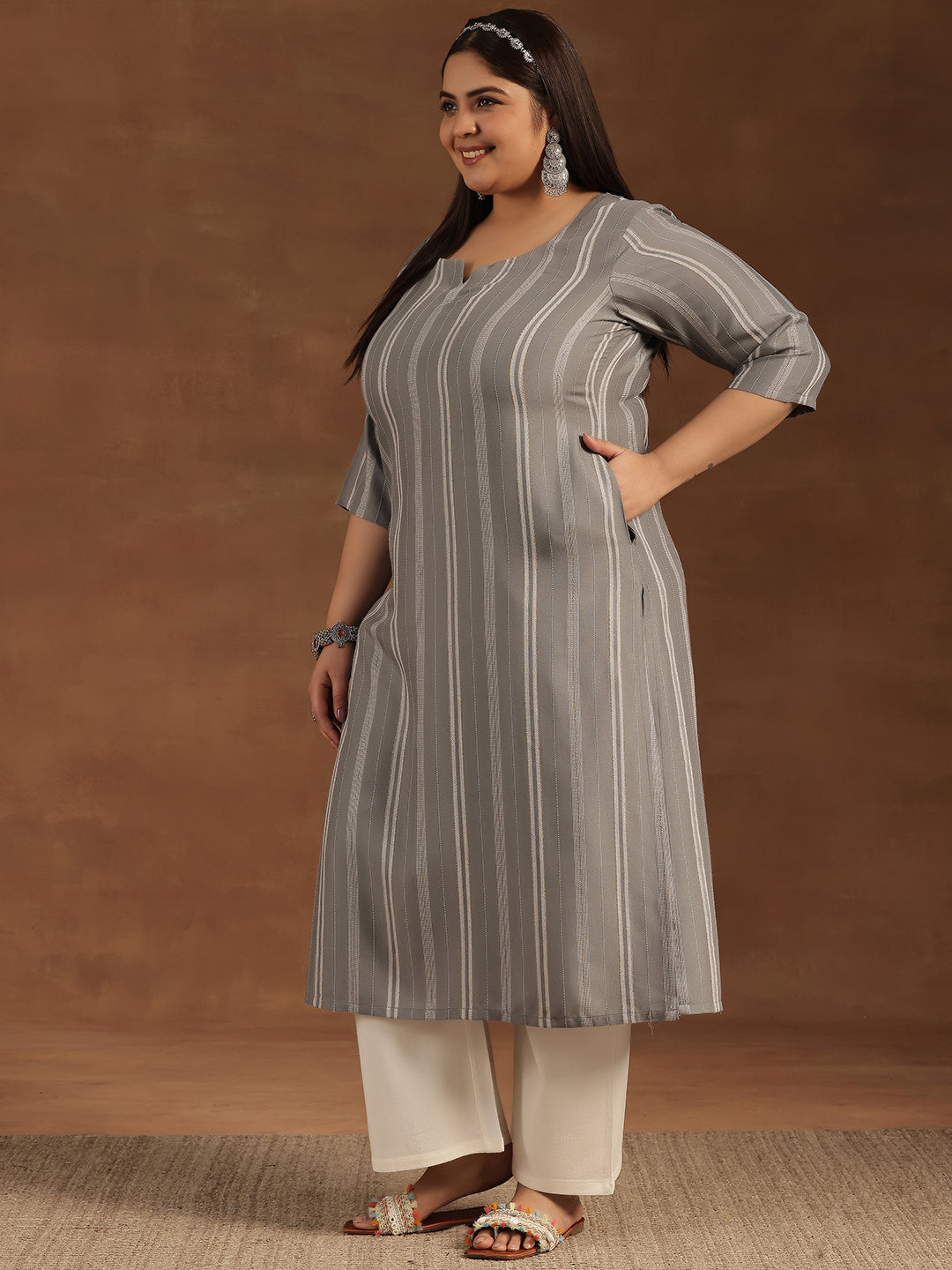 Plus Size Grey Woven Design Rayon Straight Kurta