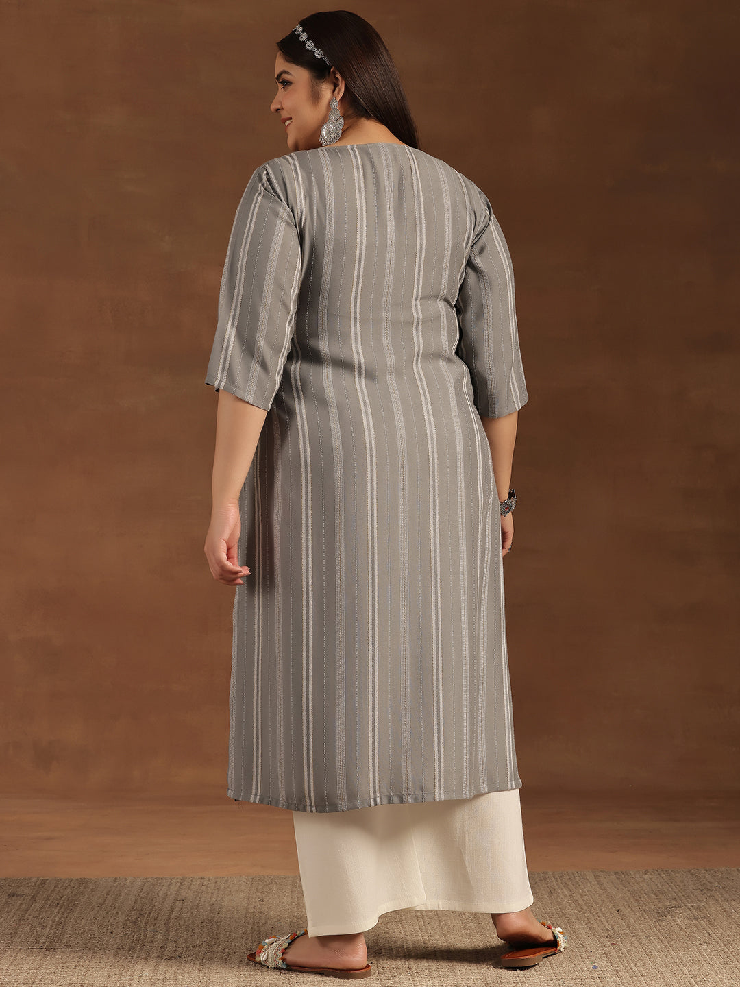 Plus Size Grey Woven Design Rayon Straight Kurta