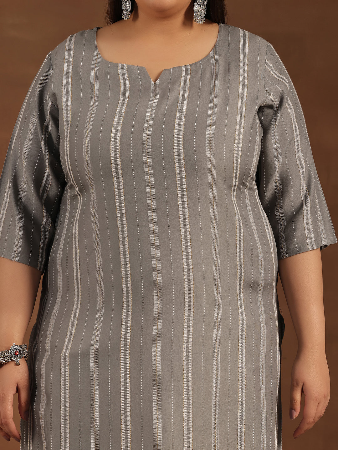 Plus Size Grey Woven Design Rayon Straight Kurta