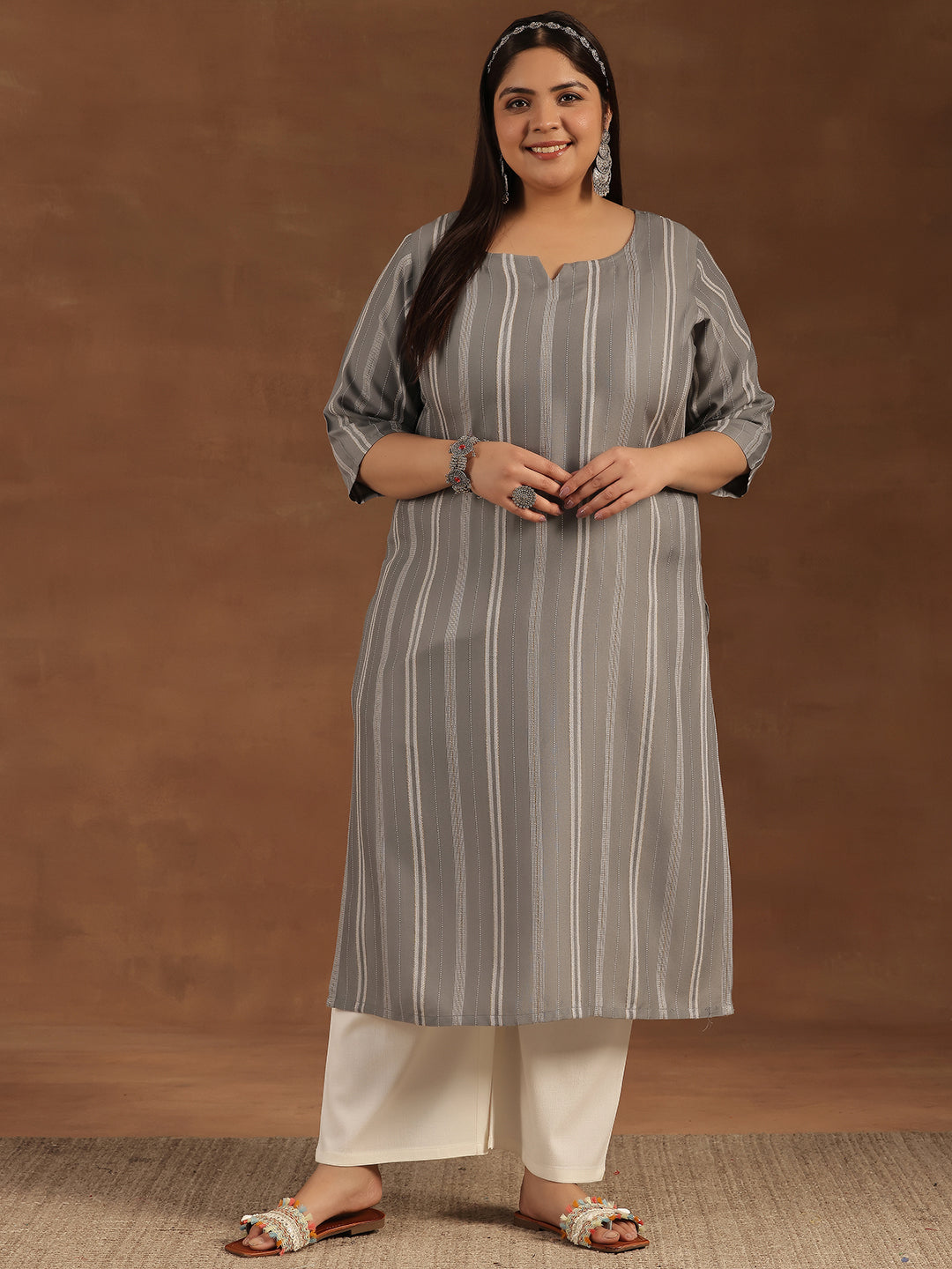 Plus Size Grey Woven Design Rayon Straight Kurta