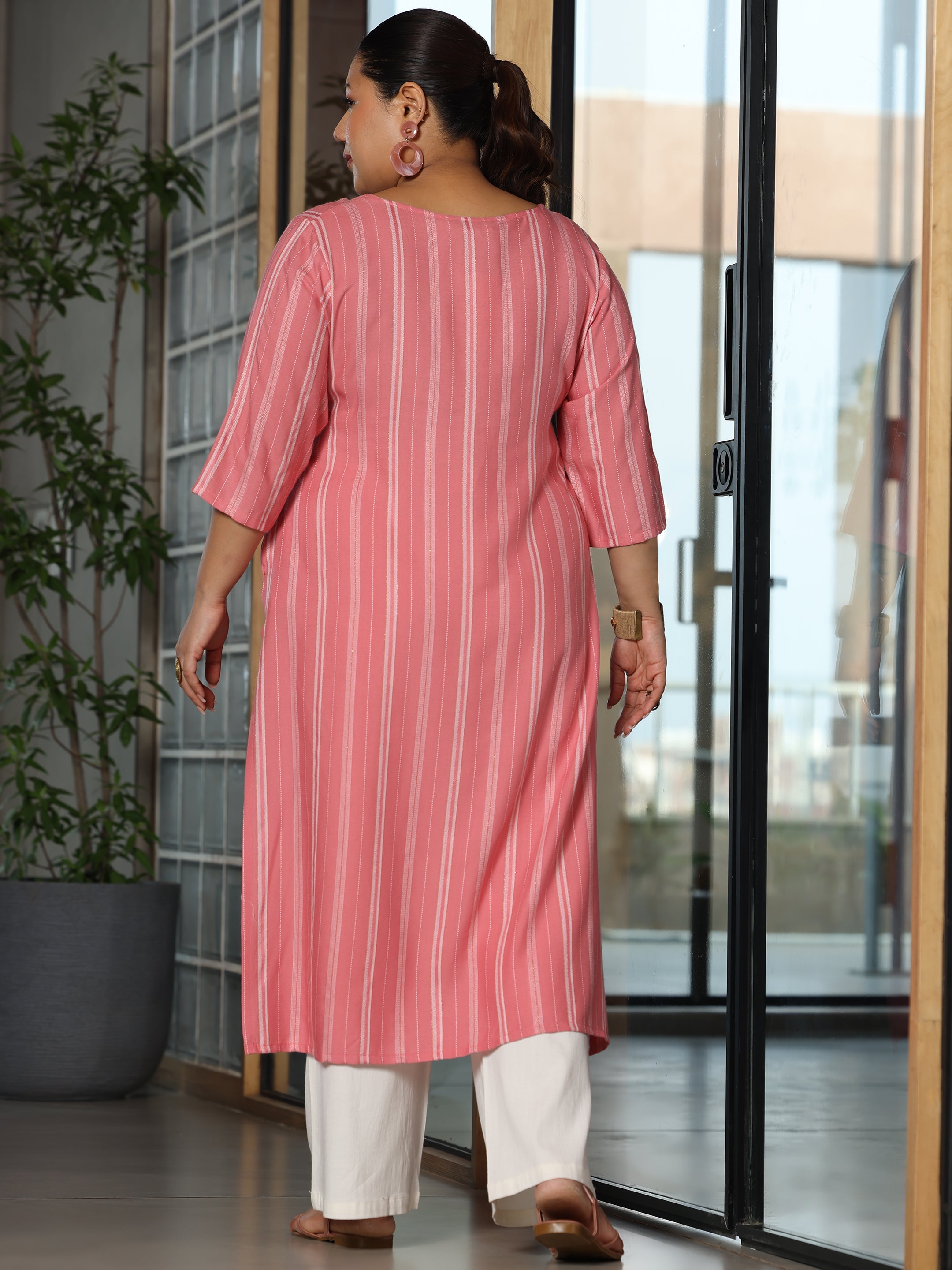 Plus Size Pink Woven Design Rayon Straight Kurta