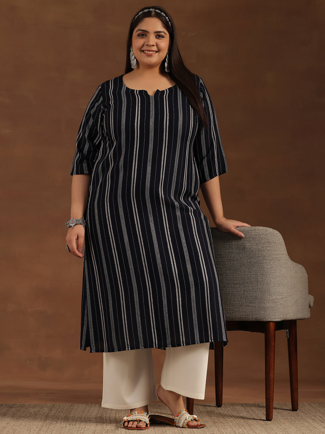 Plus Size Navy Blue Striped Rayon Straight Kurta