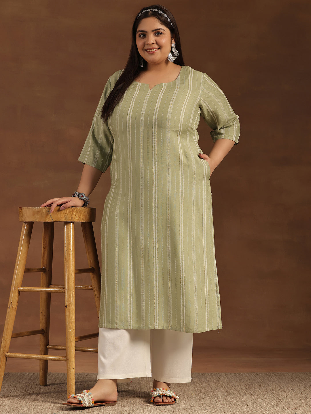 Plus Size Green Woven Design Rayon Straight Kurta