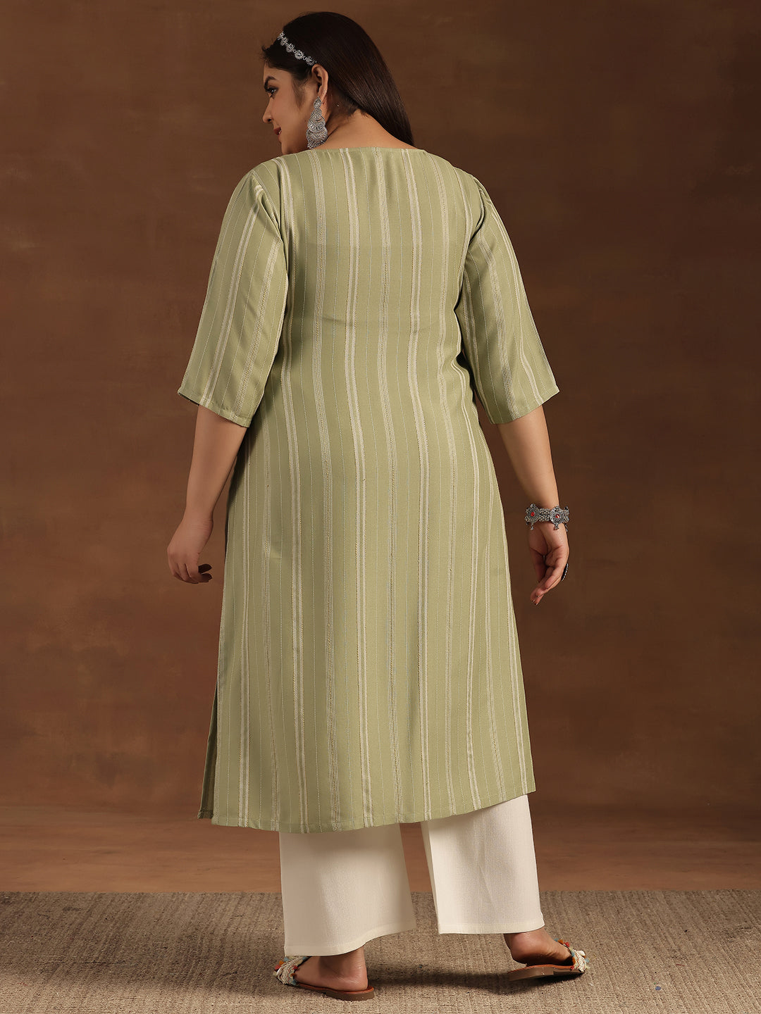 Plus Size Green Woven Design Rayon Straight Kurta