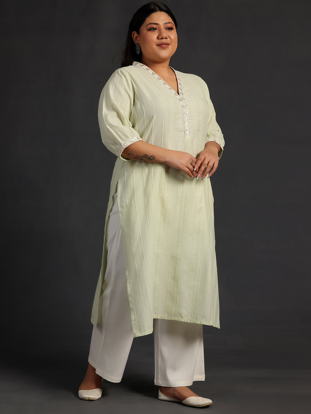 Plus Size Green Woven Design Cotton Straight Kurta