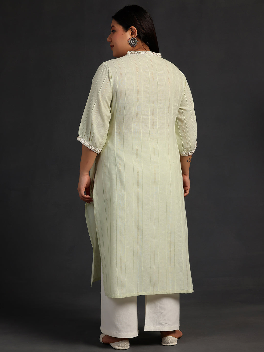 Plus Size Green Woven Design Cotton Straight Kurta