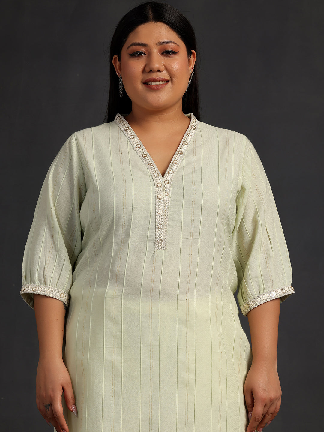 Plus Size Green Woven Design Cotton Straight Kurta