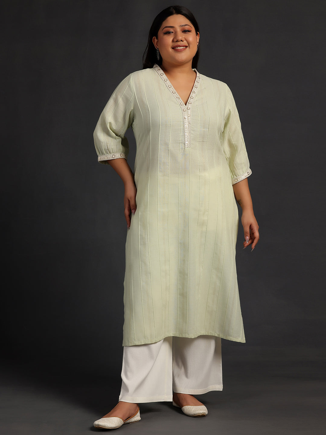 Plus Size Green Woven Design Cotton Straight Kurta