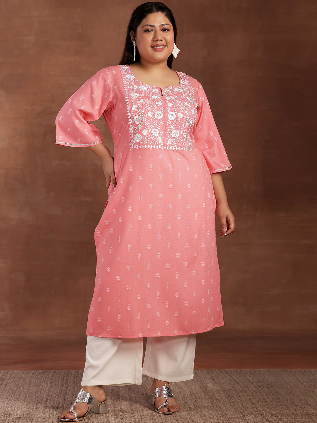 Plus Size Pink Yoke Design Rayon Kurta