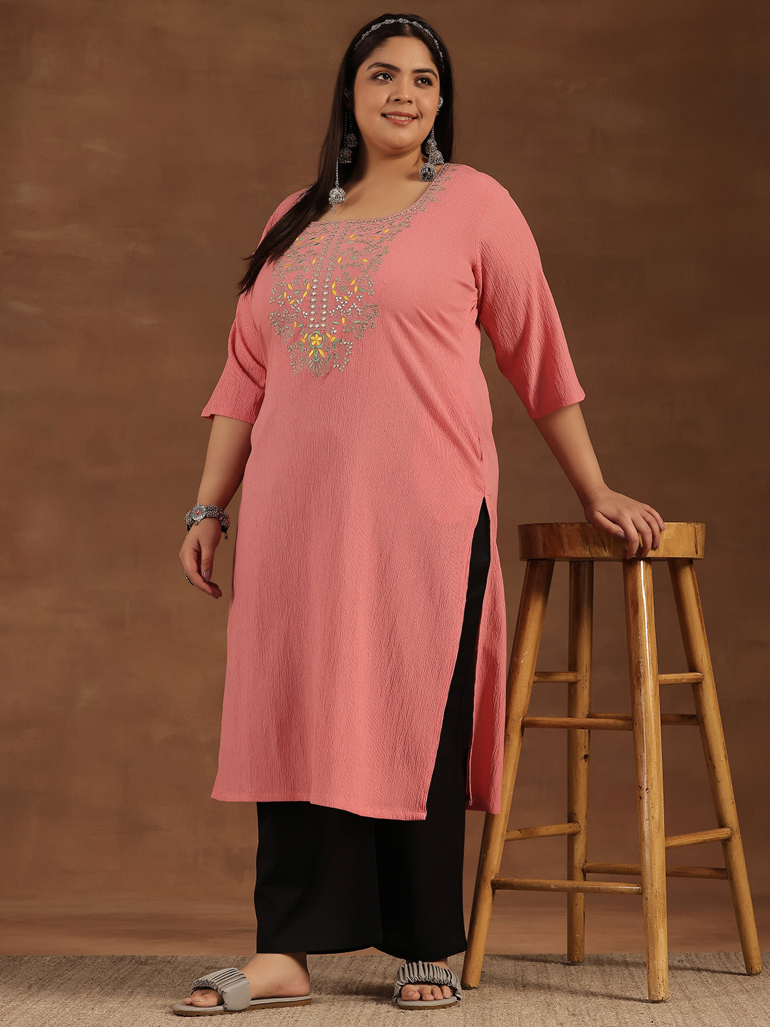 Plus Size Pink Yoke Design Polyester Straight Kurta