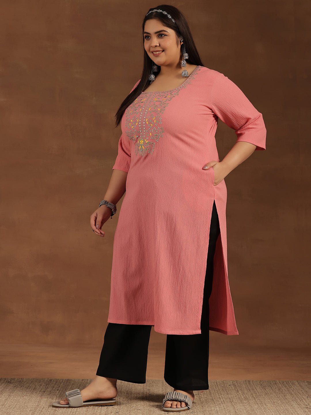 Plus Size Pink Yoke Design Polyester Straight Kurta