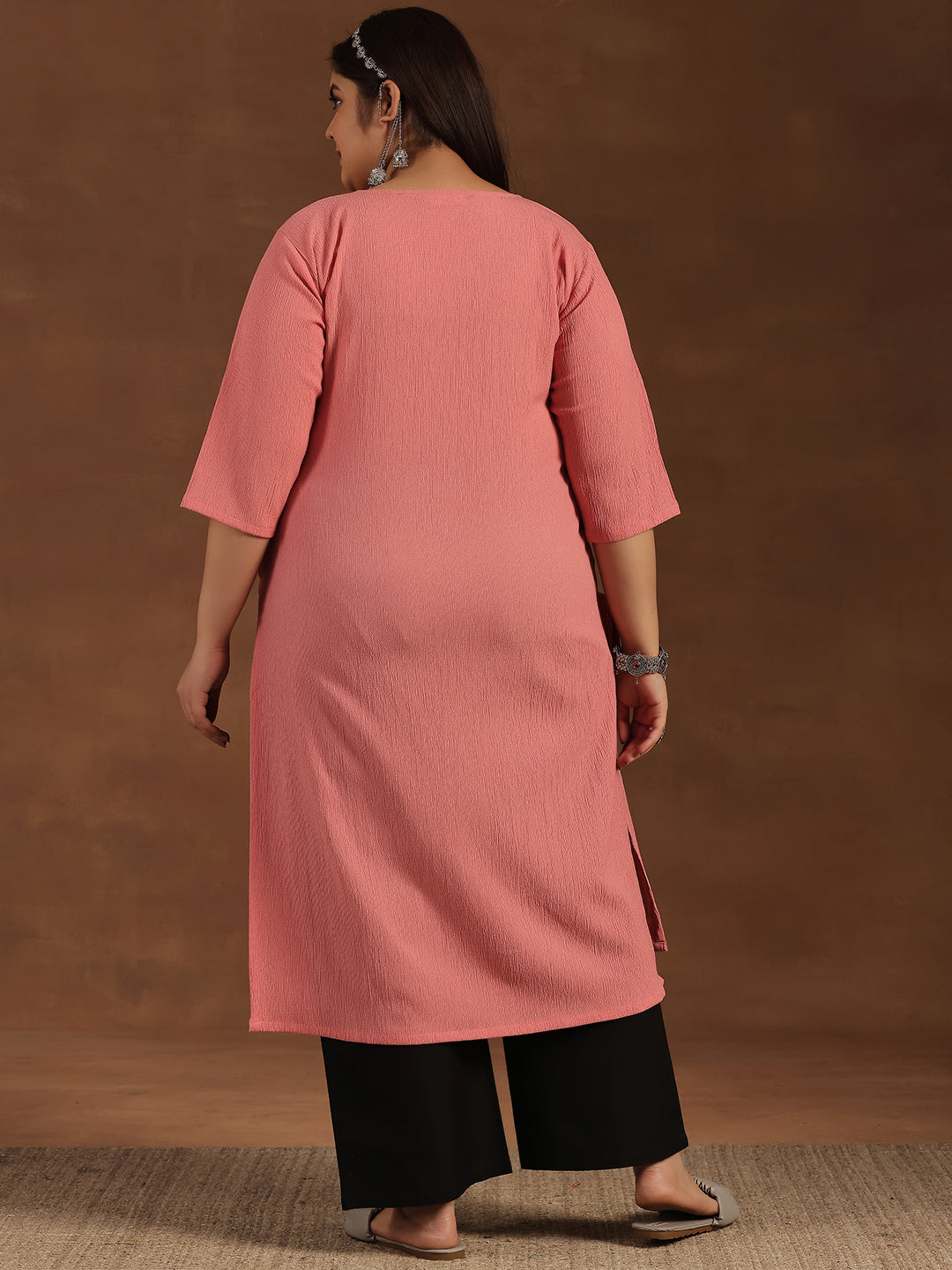 Plus Size Pink Yoke Design Polyester Straight Kurta