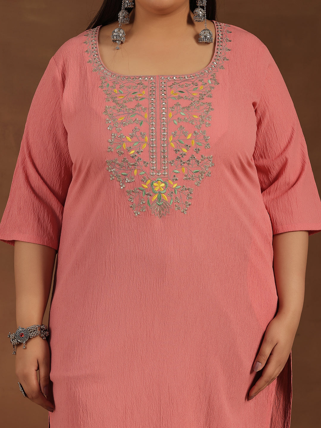 Plus Size Pink Yoke Design Polyester Straight Kurta