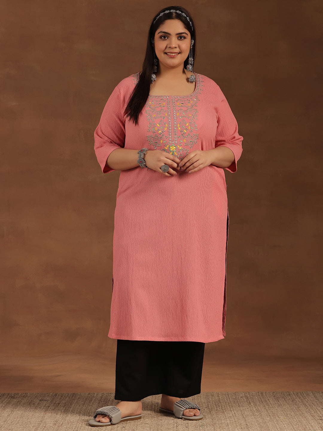 Plus Size Pink Yoke Design Polyester Straight Kurta