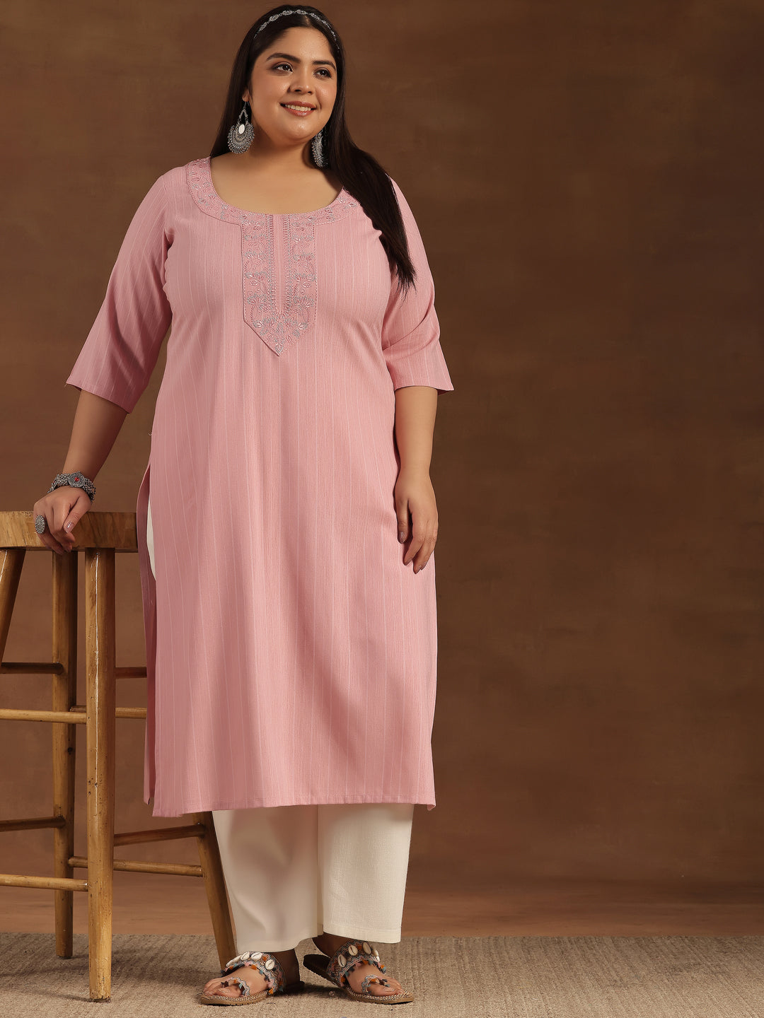 Plus Size Pink Yoke Design Rayon Straight Kurta