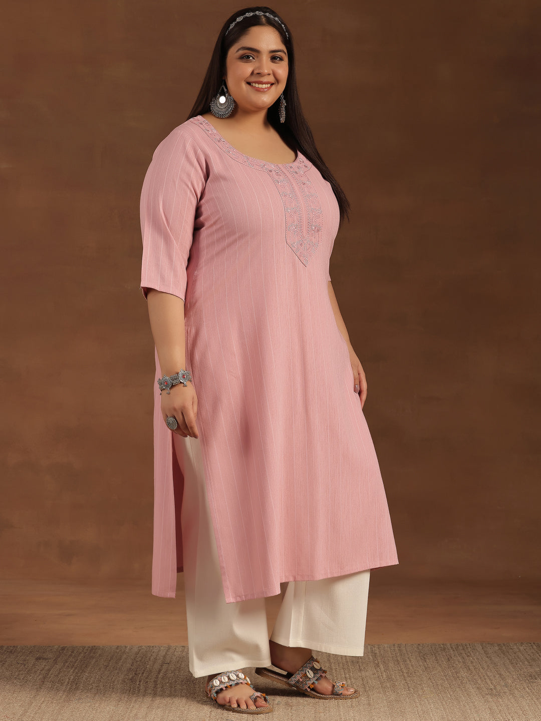 Plus Size Pink Yoke Design Rayon Straight Kurta