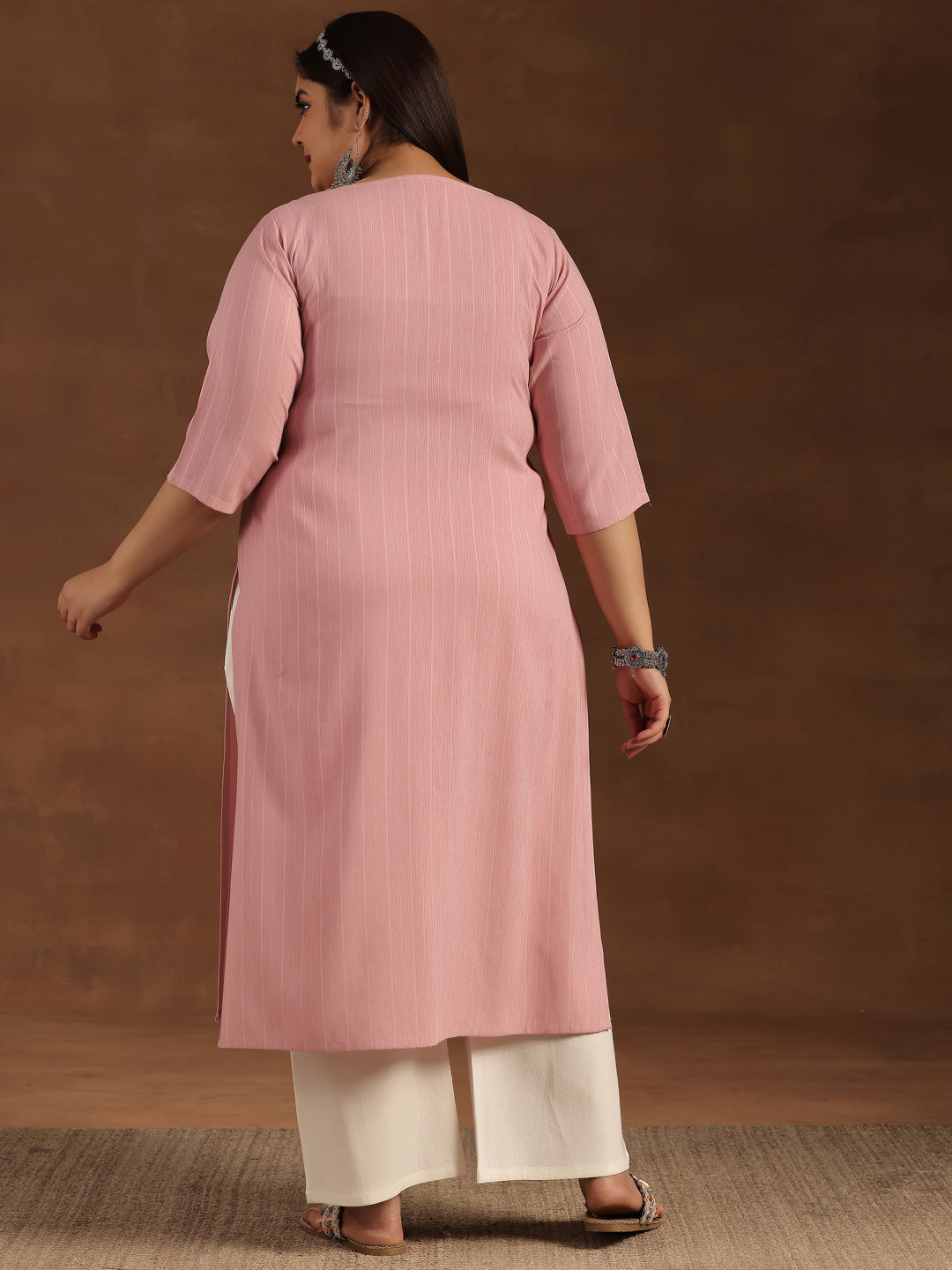 Plus Size Pink Yoke Design Rayon Straight Kurta