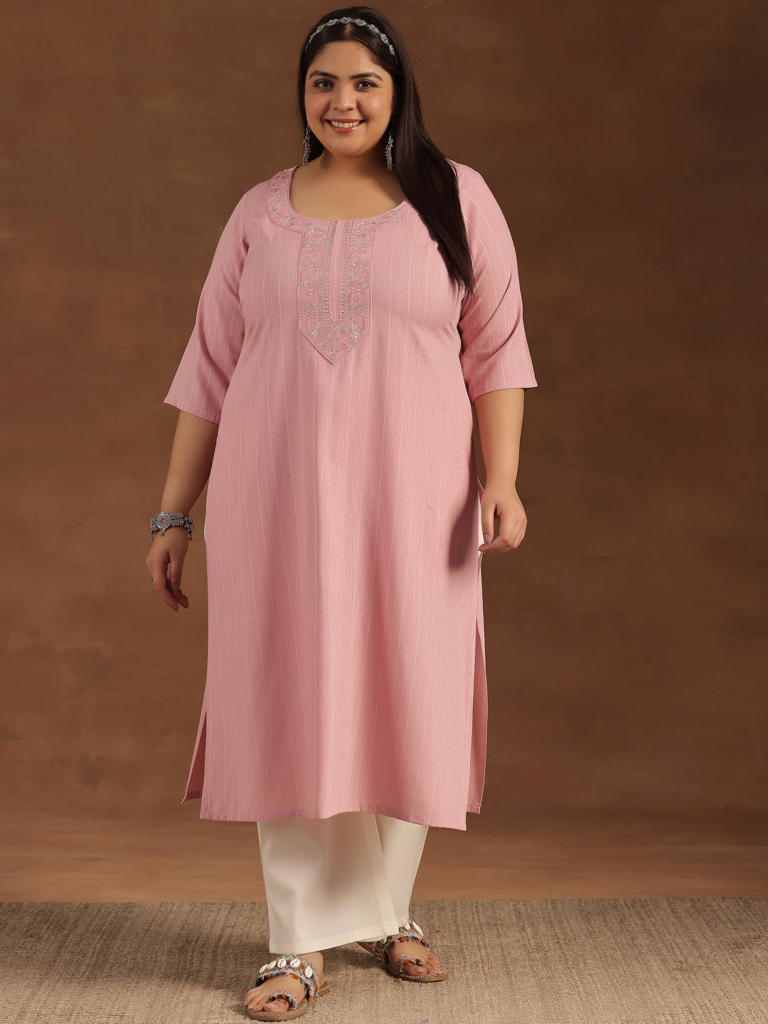 Plus Size Pink Yoke Design Rayon Straight Kurta