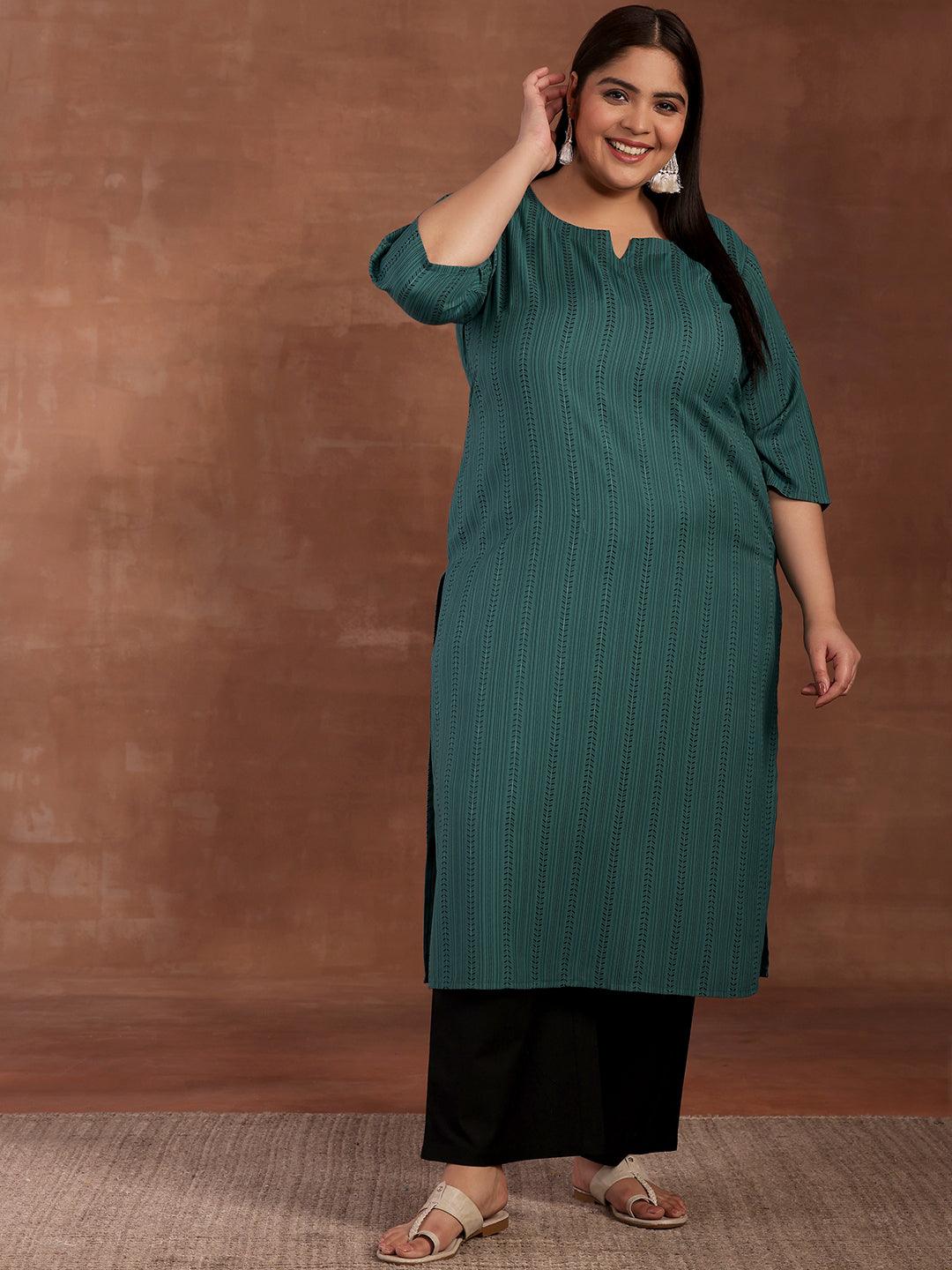 Plus Size Blue Striped Rayon Kurta