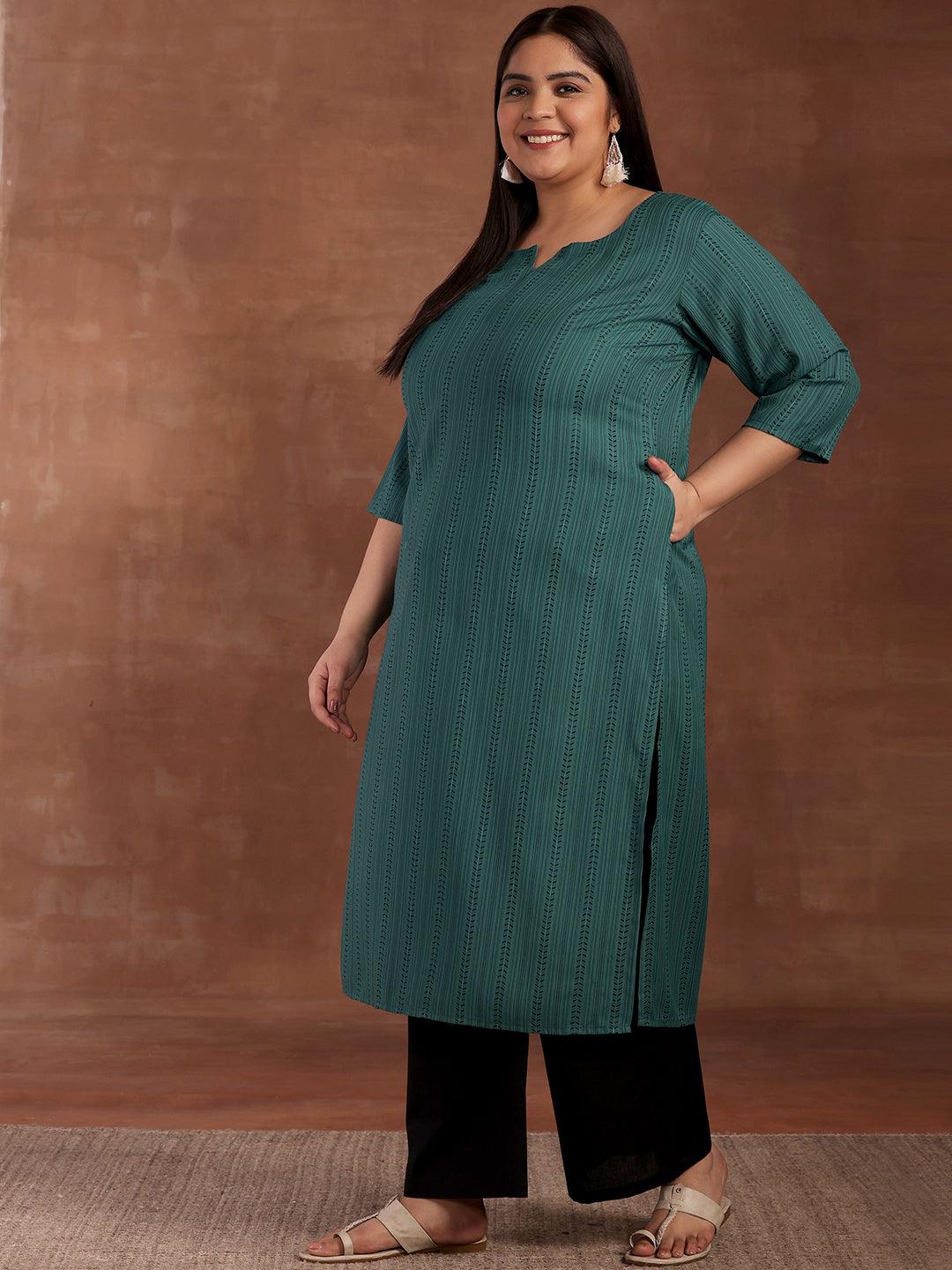 Plus Size Blue Striped Rayon Kurta