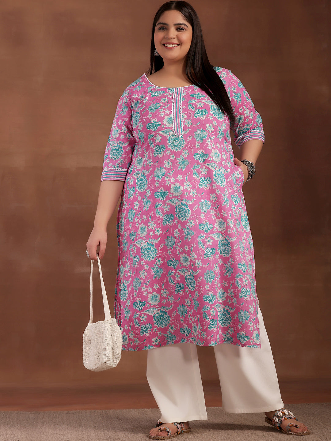 Plus Size Pink Printed Cotton Kurta