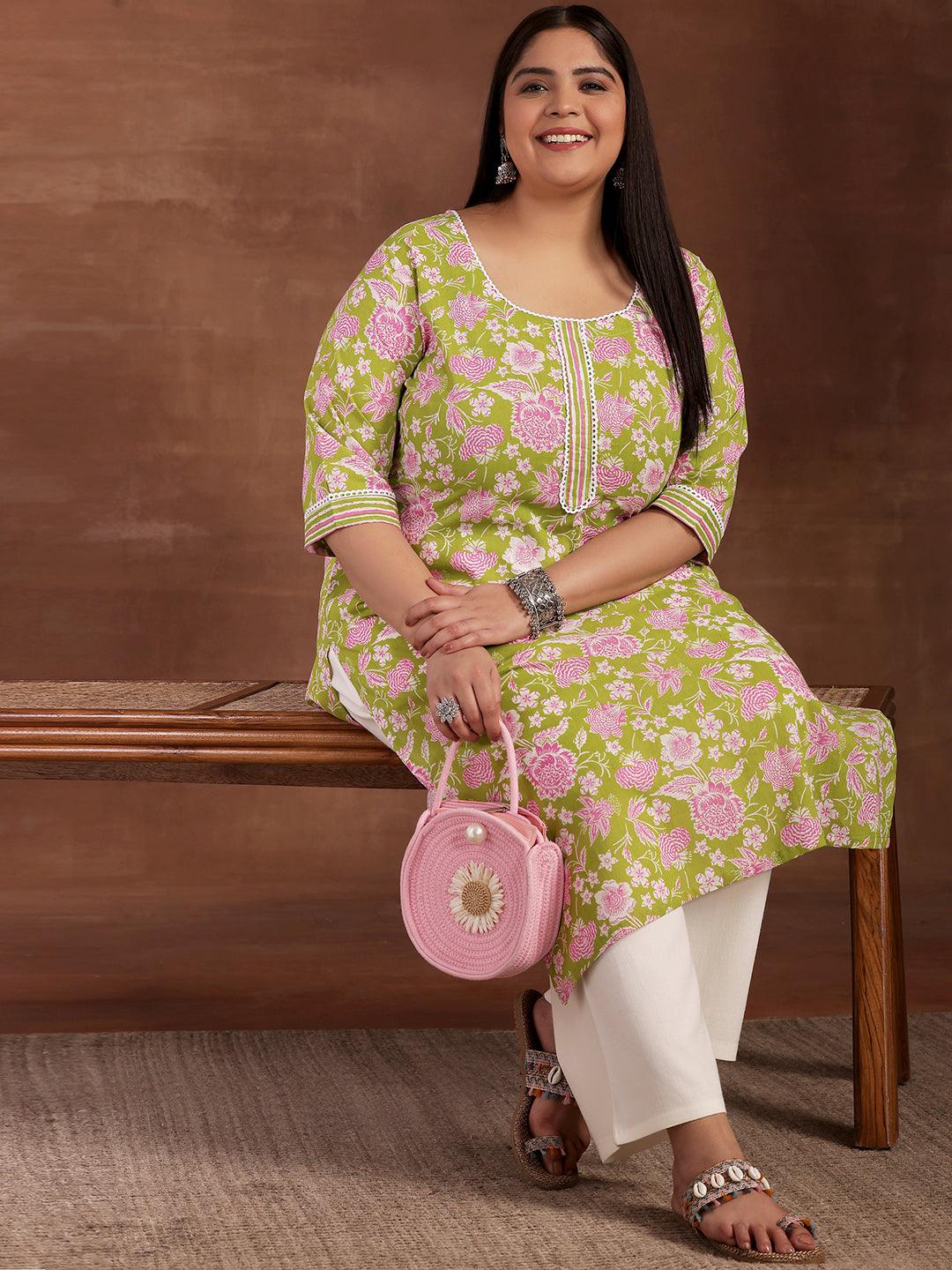 Plus Size Green Printed Cotton Kurta