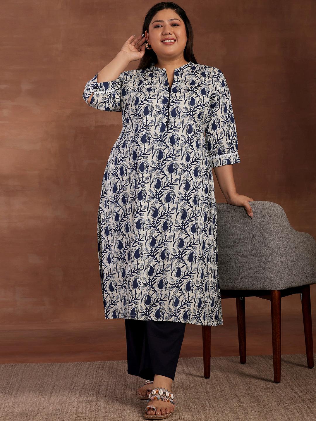 Plus Size Blue Printed Cotton Kurta