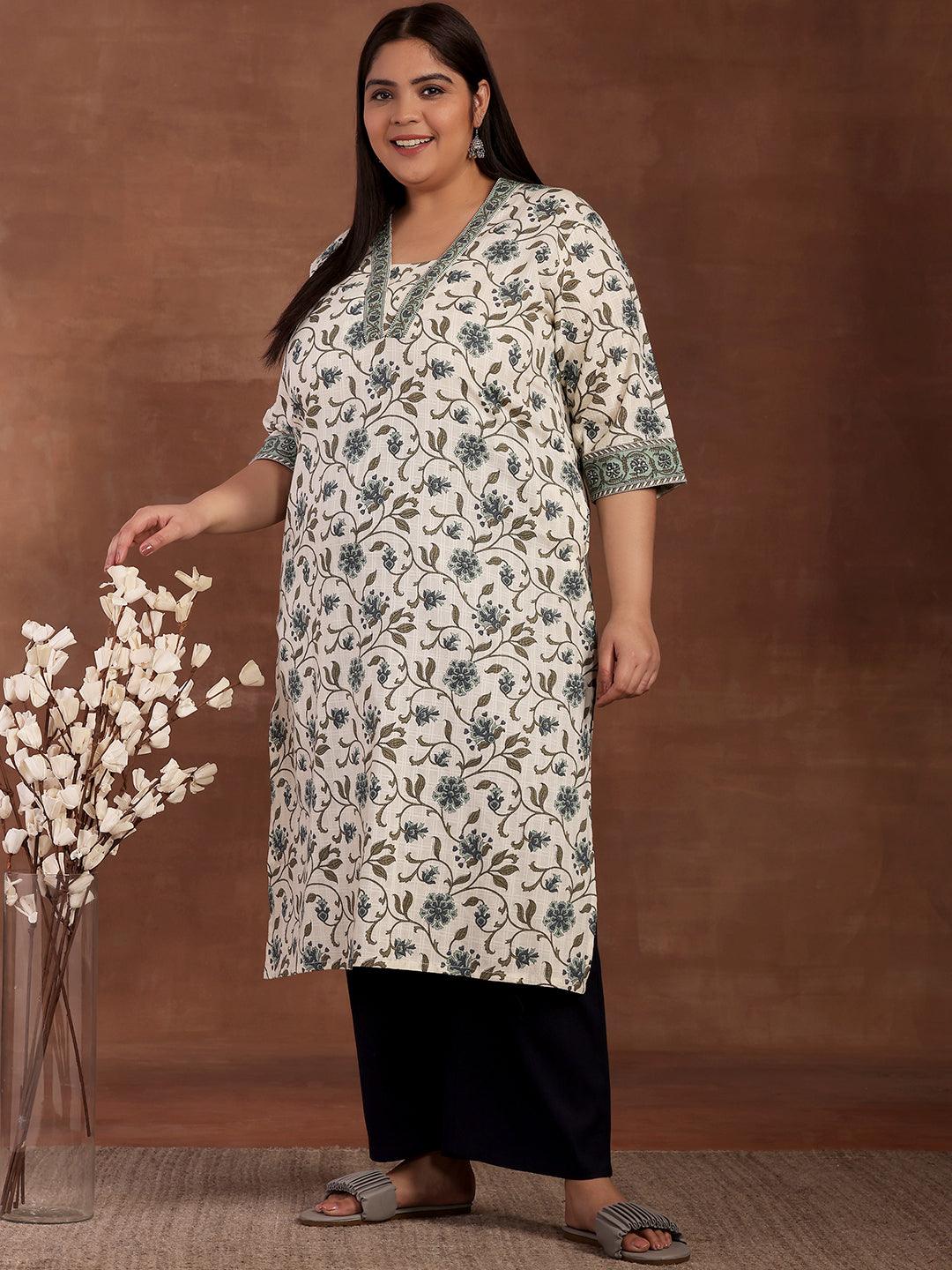 Plus Size Off White Printed Cotton Kurta